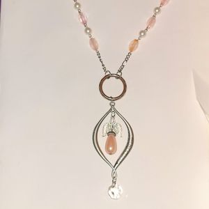 Religious Guardian Angel Pink Pearl, Pewter, Crystal & Beaded Pendant Necklace